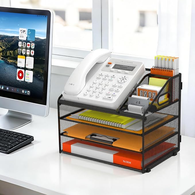 DocNest 4 Tier Metal Mesh Desk File Organizer with Phone Shelf, Black | Desktop letter tray sorter features a 9.1x9.1 inch top phone holder, built-in sticky note compartment and pen holder - Image 6
