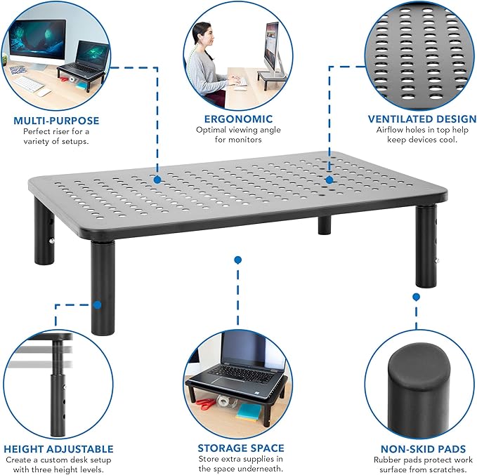 Mount-It! Height Adjustable Single Monitor Riser | Metal Mesh Computer Screen Platform | Desktop Riser for Laptop, Monitor, and Printer | 44lbs Capacity (Black) - Image 4