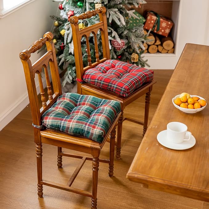 vctops Christmas Green Tartan Chair Cushions with Ties (Pattern G,16"x16") | Soft Comfortable U-Shaped Chair Pads Non Slip Seat Cushions for Indoor Dining Room and Kitchen Chairs - Image 4