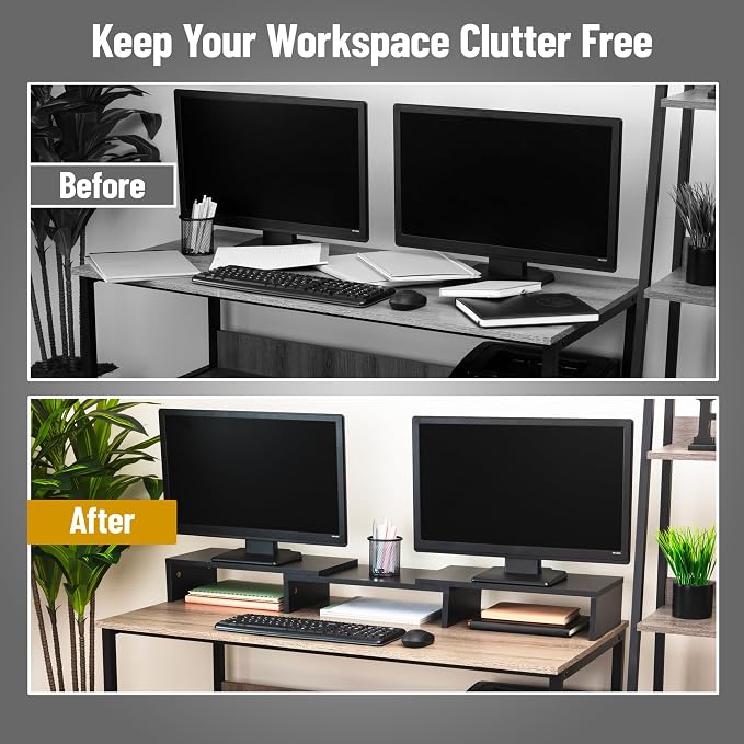 Mind Reader Dual Monitor Stand, Desktop Organizer, Laptop Riser, Office, MDF, 51.25"L x 9.25"W x 4.75"H, Black - Image 7