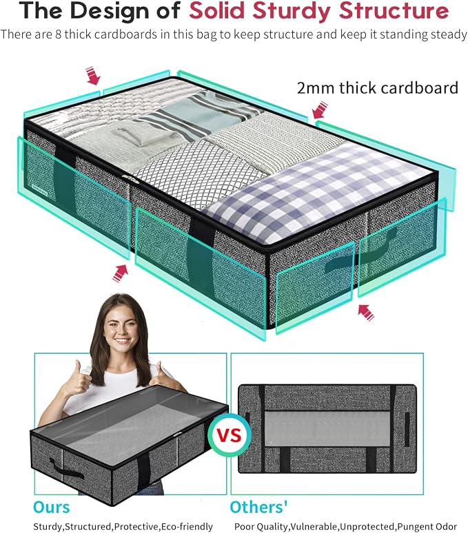 Onlyeasy Underbed Fabric Storage Bags Organizer with 4 Handles, 2 Zippers and Large Clear Window, for Clothes, Blankets, Bedding, Foldable with Sturdy Structure, 2 Pack, Linen-like Black, MXAUBBSS2P - Image 4