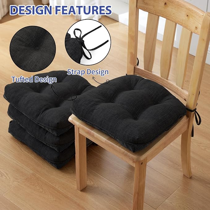 IPYNBAP Chair Cushions for Dining Chairs Set of 4, Kitchen Chair Cushions, Chair Pads with Ties and Non Slip Backing, Tufted Memory Foam Seat Cushion 4 Pack, 15.5" x 15.5" x 4", Black - Image 4