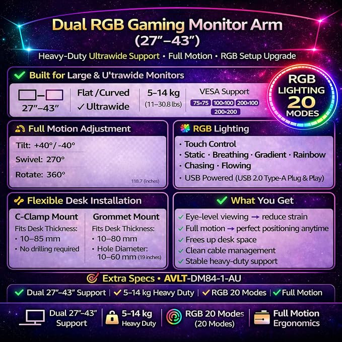 AVLT Dual 27”-43” RGB Gaming Monitor Arm Desk Mount -Dark Gray | 20 Lighting Modes Touch Button Control Fits Flat/Curved/Ultrawide Screen Height Swivel Tilt Rotation Adjustable Monitor - Image 9