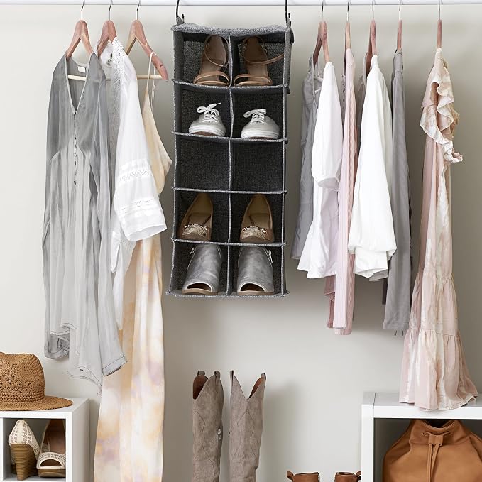 Household Essentials 10 Pocket Double Hang Canvas Shoe Organizer Side‑by‑Side Hanging Storage, Gray - Image 2