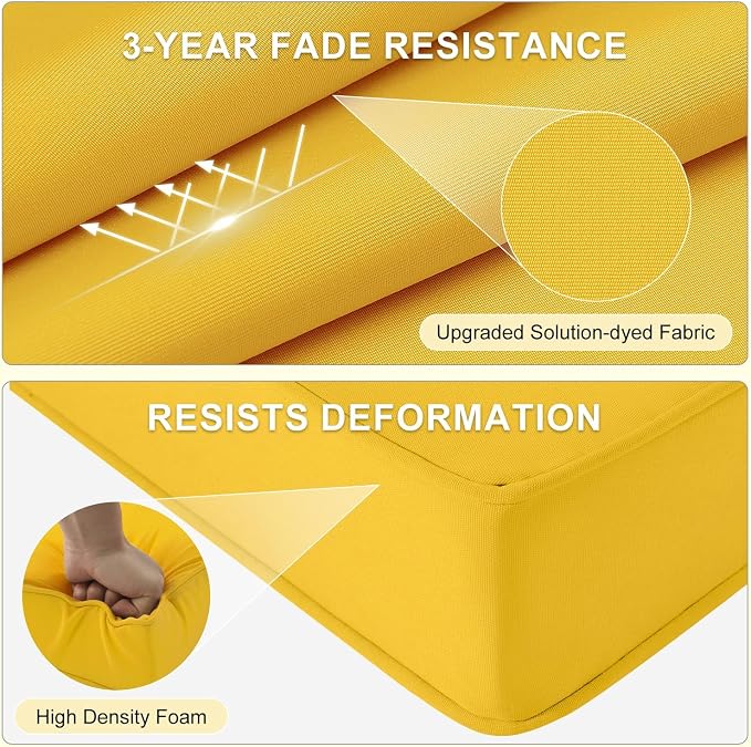 downluxe Waterproof Outdoor Chair Cushions for Patio Furniture, 18" x 18" x 2" Patio Chair Cushion with Adjustable Ties & Portable Handle, Square Outdoor Cushion with Removable Cover, Yellow, 2 Pack - Image 4