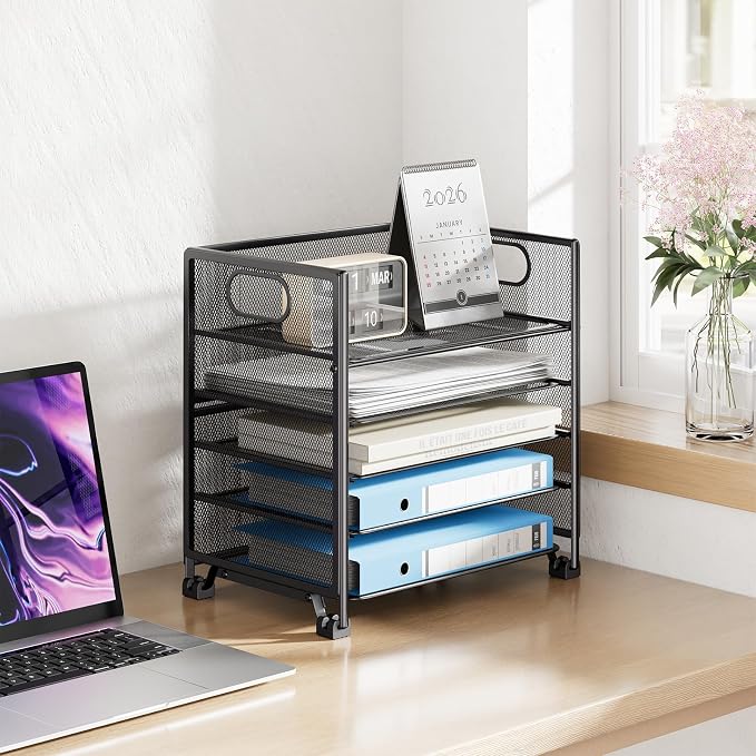 Simple Trending 5-Tier Paper Tray Organizer, File Organizer for Desk, Black | Letter Tray Holder with Handle. Sturdy Metal Frame. Non-slip Feet. Black for Office Home School. 13"L x 9"W x 13"H - Image 2