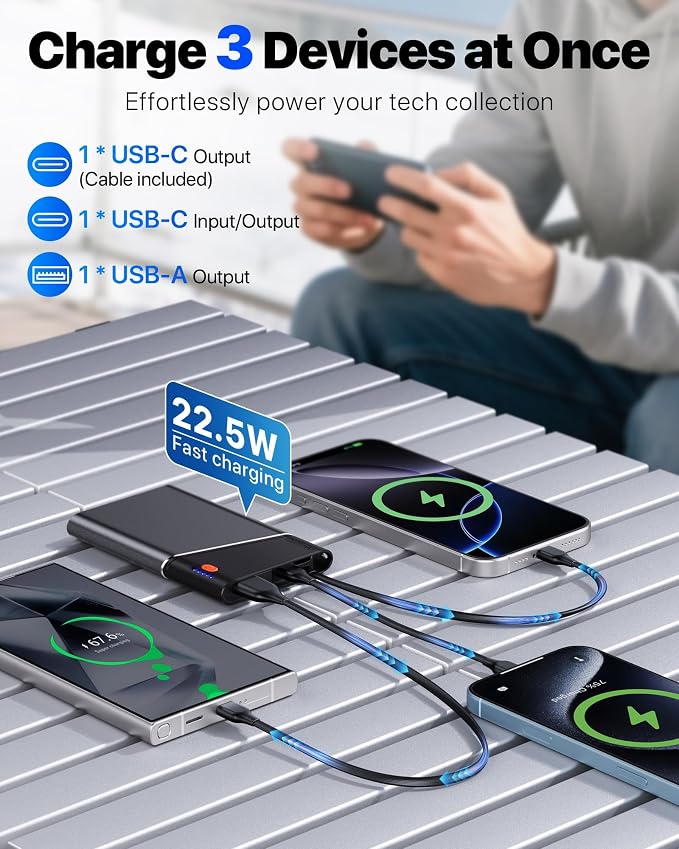 Aaoyun 10000mAh Portable Power Bank, 22.5W PD Fast Charging Battery Pack with Built-in USB-C Cable, Ultra-Slim External Phone Charger for iPhone 17/16/15, Samsung Galaxy S24, Android (Grey) - Image 3