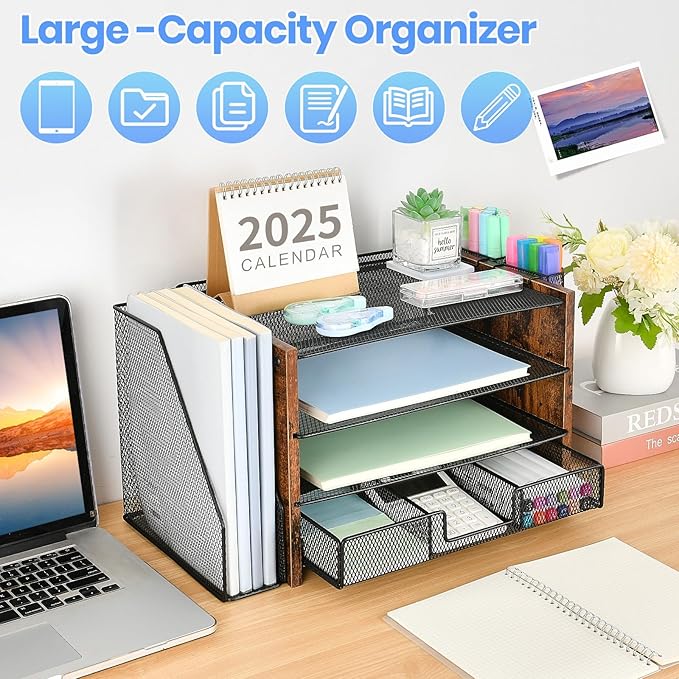 Desk Organizer, 4-Tier Desktop File Organizer with Drawer and Pen Holders, Office Desk Accessories, File Sorters, Workspace Organizers for Office Supplies(Brown Wood) - Image 2