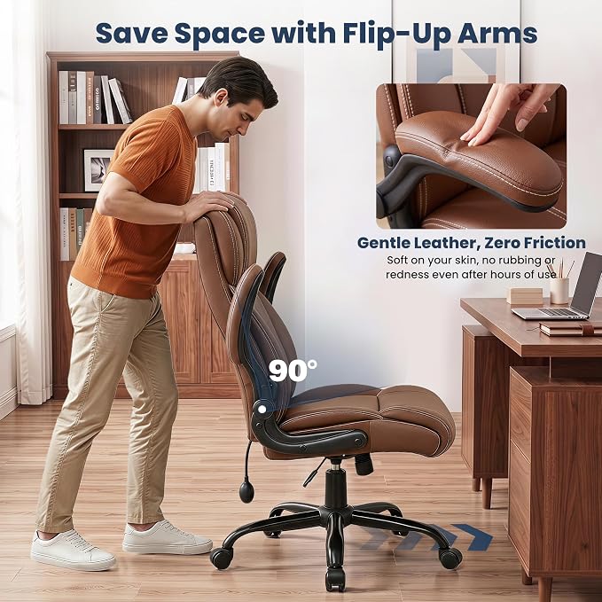 Ergonomic Office Chair, High Back Executive Leather Desk Chair | Inflatable Lumbar Support for Back Pain Relief, Heavy-Duty Computer Desk Chair for Long Workdays, Flip-Up Armrests, Coffee - Image 9