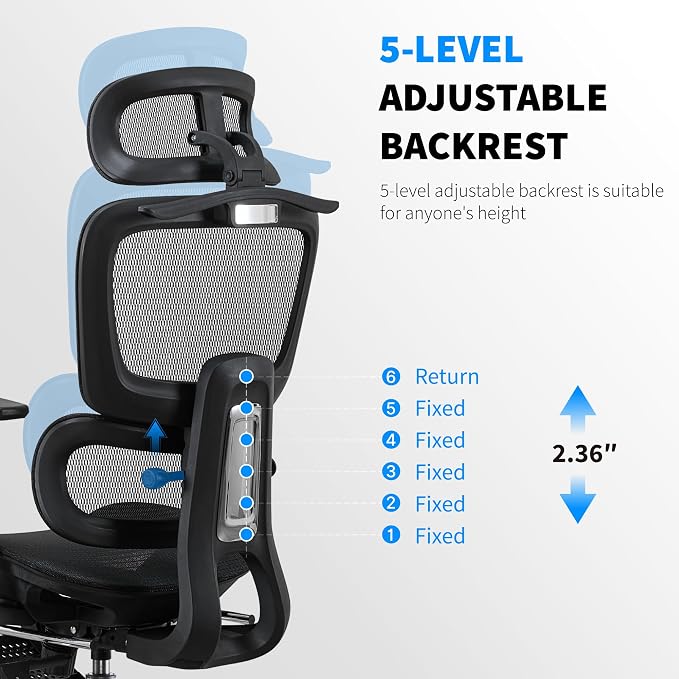 Mesh Ergonomic Office Chair with Footrest, Black | High Back, Lumbar Support, Adjustable Headrest and Armrests, Gaming Chair,Home Office Desk Chair - Image 6