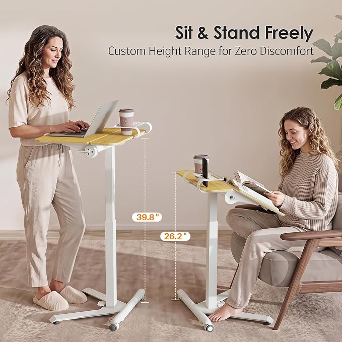 ROMOON Rolling Standing Desk with Wheels, Sit-Stand Portable Laptop Cart | Height Adjustable Mobile Desk with Tilt Top, Storage, 24" Computer Table for Home Office, Bedroom, Small Spaces, Natural Oak - Image 3
