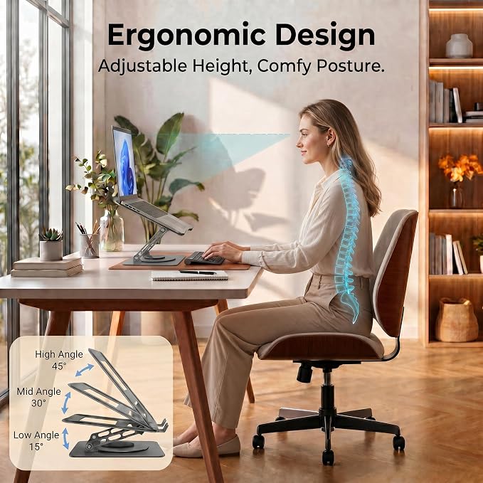 Aluminum Laptop Stand for Desk, Heavy Duty Computer Stand with 360° Rotating Base, Ergonomic Adjustable Height Notebook Riser, Compatible with MacBook Pro/Air, Dell, HP, 10-17” Laptops - Grey - Image 3