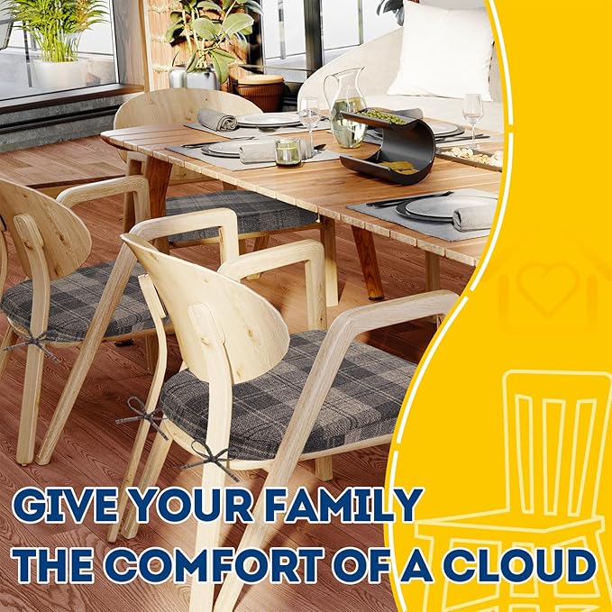 AAAAAcessories D-Shaped Chair Cushions, 2" Thick Dining Chair Pads with Ties and Removable, Machine-Washable Cover, 17" x 16", Set of 8, Brown Checkered - Image 6