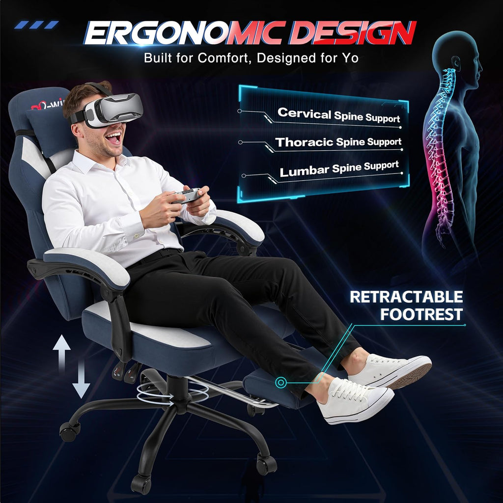 Video Gaming Chair for Adults, Computer Chair with Footrest and Ergonomic High Back, Big and Tall Gamer Chair with Massage Lumbar Support (Light Blue Fabric) - Image 4