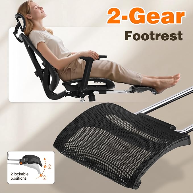 Ergonomic Office Chair with Footrest, 135° Reclining Desk Chair with Adjustable Lumbar Support,3D Armrest,Headrest & Large Steel Base, 300LBS Heavy Duty Mesh Chair - Image 5