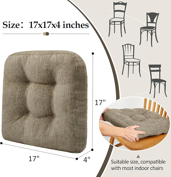 downluxe Chair Cushions for Dining Chairs 4 Pack, Tufted Indoor Chair Pads with Non-Slip Bottom, U-Shaped Kitchen Chair Cushions, 17"x17"x4", Khaki - Image 4