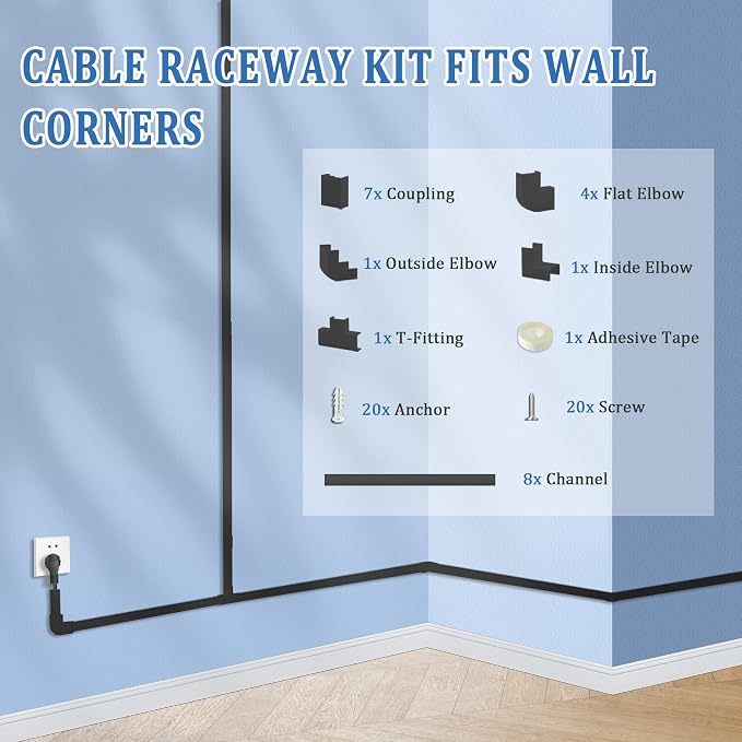 125" Small Cable Concealer for Single Cord, 8-Pack, Black | 125-inch single-cord cable concealer with 8 adhesive channels for neat wall cable management at home or the office. - Image 6