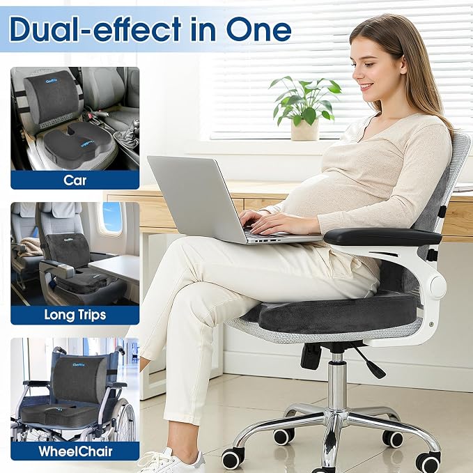 CloudBliss Ergonomic Seat Cushion & Lumbar Support Pillow Set, Grey, Large | Back Pain & Sciatica Relief, Memory Foam Support, Adjustable Straps, Machine Washable Velvet, Perfect for Office, Car, Gaming - Image 7