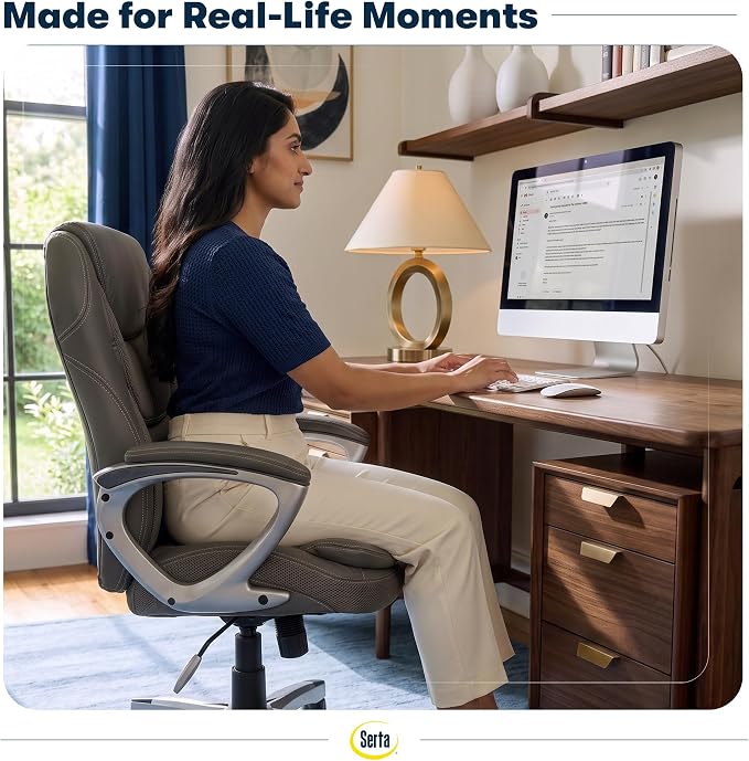 Serta Ergonomic Executive Office Chair, Padded Arms Mesh Back Leather Chair | Amplify, Contoured Lumbar Lower Back Support, Back Pain Relief, Adjustable Height & Tilt, Work From Home Desk Chair, Duo Gray - Image 5