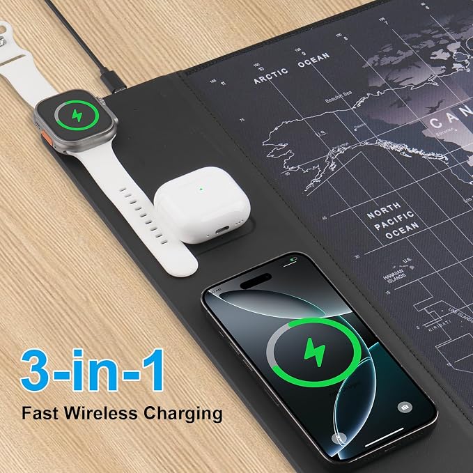 VOVIPO Wireless Charging Mouse Pad 15W, Waterproof Gaming Mousepad with Ultra-Smooth Surface, Non-Slip Base, XXL Large Desk Mat 90 x 40cm,Black World Map Computer Desk Pad for MacBook, PC, Laptop - Image 4