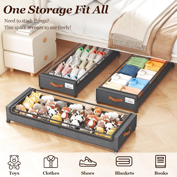 Yecaye 85 L Under Bed Storage with Wheels, 2 Pack Extra Large Under Bed Storage Containers with Metal Frame & Clear Lid, Rolling Underbed Organizer Bins Drawers for Clothes, Shoes, Blankets, Hemp Grey - Image 7