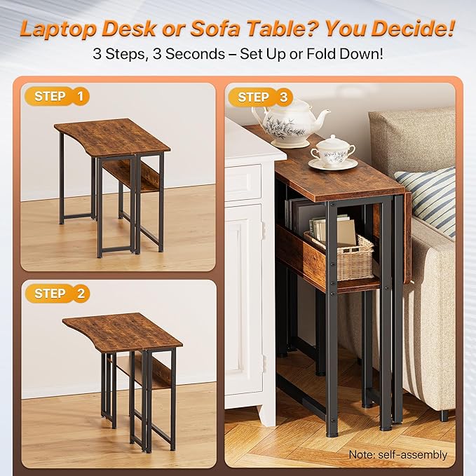 Huuger Folding Desk with Storage Shelf, 31.5 Inch Foldable Computer Table | Writing Work Office Computer Desk for Small Spaces, Space Saving Sofa Table for Couch, Easy to Fold, Rustic Brown - Image 4