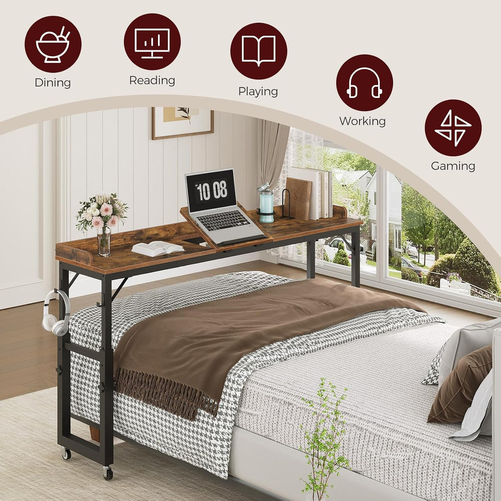 MAHANCRIS Overbed Table with Wheels, Mobile Bed Desk for Queen Size, Rustic - Image 4