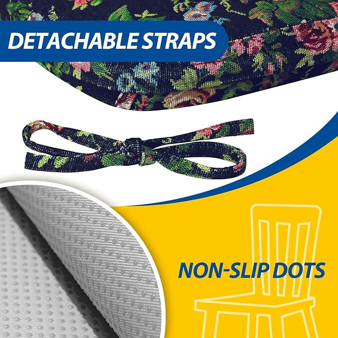 AAAAAcessories D-Shaped Chair Cushions, 2" Thick Dining Chair Pads with Ties and Removable, Machine-Washable Cover, 17" x 16", Set of 2, Night-Blooming Blossoms - Image 5