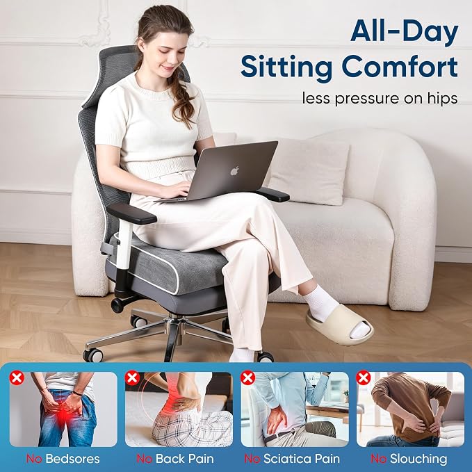 Seat Cushion for Office Chair, 19 x 17 x 4 Inch | 4 Inch Thick Extra Large, Memory Foam, Sciatica & Tailbone Pain Relief, Lower Back Support, Non-Slip Car Seat Cushion - Image 6