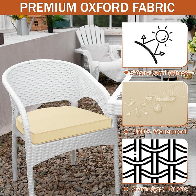 Outdoor Chair Cushions Set of 4, 17 x 16 Inch Waterproof Seat Pads | 3 Year Color Fastness Thick Patio Chair Cushion with Ties for Garden Lawn Sofa Couch, Beige - Image 3