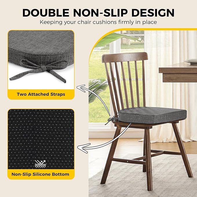 downluxe Indoor Chair Cushions for Dining Chairs, Soft and Comfortable Textured Foam Kitchen Chair Pads with Ties and Non-Slip Backing, 16" x 16" x 2", Dark Grey, 2 Pack - Image 4