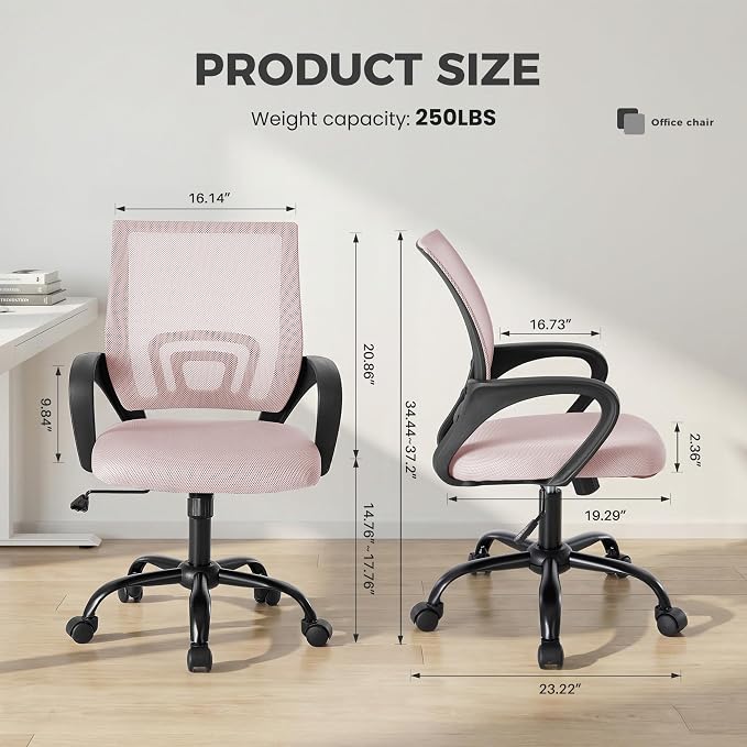 OLIXIS Ergonomic Office Chair, Home Desk Mesh Chairs, Lumbar Support | Height Adjustable, Fixed Armrest, Rocking Mode, 360 Swivel, Storage Back, Computer, Pink - Image 3