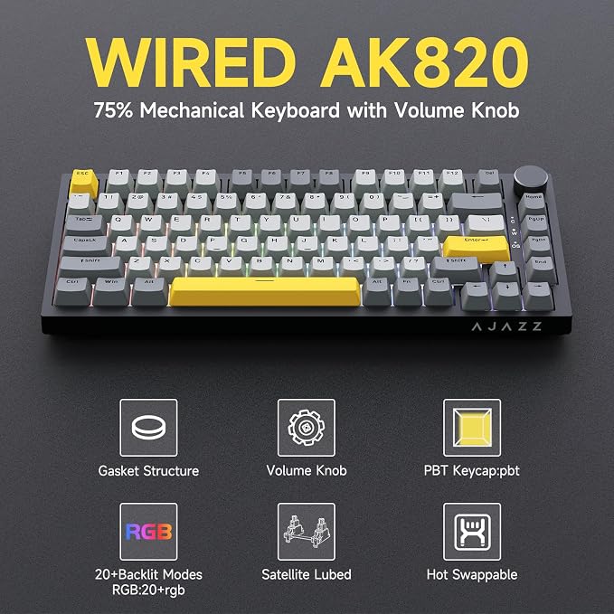 Ajazz AK820 TKL 75% Hot Swappable Mechanical Keyboard with Volume Knob, Gasket Mount Wired Gaming Creamy Keyboard, Pre-lubed Linear Switch, South-Facing RGB, PBT Keycaps - Image 2