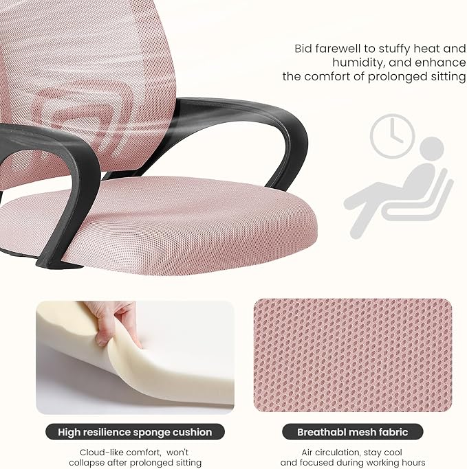 DUMOS Ergonomic Office Chair, Executive Desk Chair with Lumbar Support | Mid Back, Breathable Backrest, Fixed Armrest, Height Adjustable, 360° Swivel, Computer Gaming, Meeting, Pink - Image 5