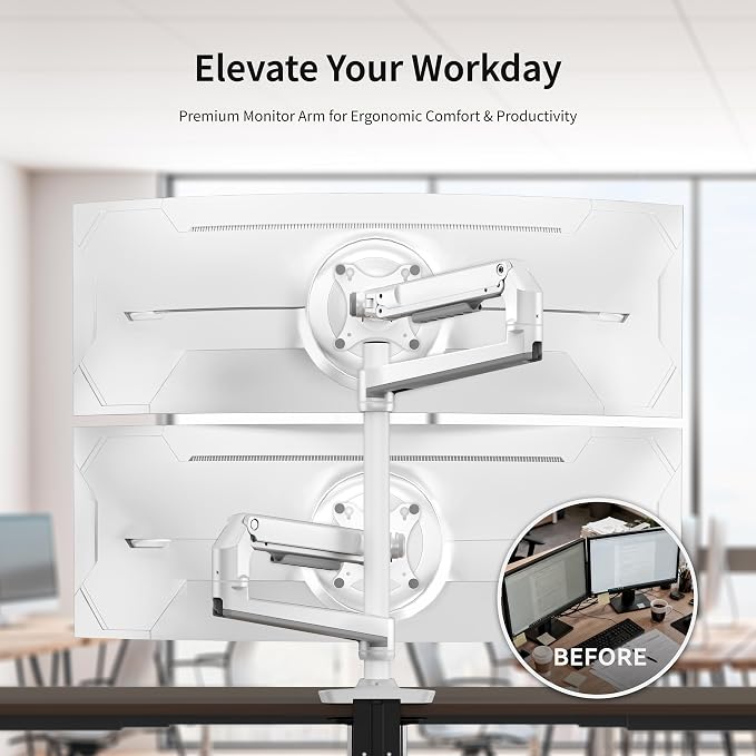 Ergounion White Monitor Arm, Vertical Stacked Stand for 2 Screens up to 40" | Solid aluminum holds 25 lbs/arm, no sagging. +90°/-25° tilt, 180° swivel, 360° rotation. VESA 75/100. With Cable management - Image 7