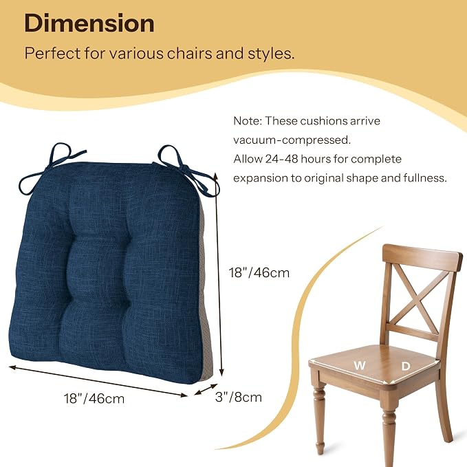 Chair Cushions for Dining Chairs Set of 4, 18"x18"x3", Navy | Non-Slip with Ties, Tufted, Faux Linen, Seat Cushions for Dining Room Kitchen Breakfast Nook Indoor Home Office Living Room - Image 2