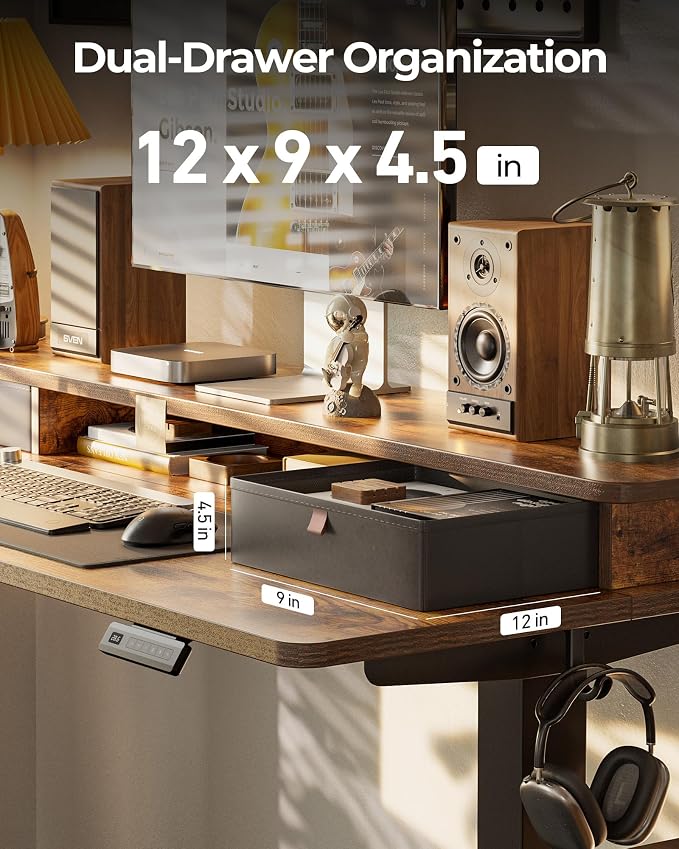 48x24 Inch Electric Standing Desk with Double Drawers, Adjustable Feet & Hooks, Ergonomic Home Office Workstation, Brown - Image 8