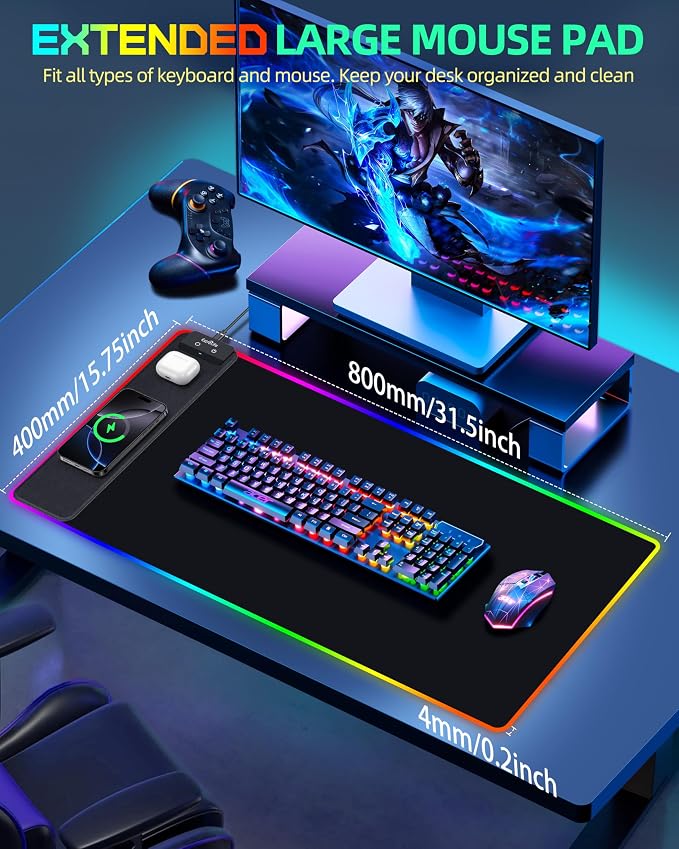 Wireless Charging Mouse Pad, RGB Gaming Desk Mat, 31.5"x15.7" | Large Desk Pad, 13 Light Modes, Ultra-Smooth Surface, Non-Slip Base, Waterproof Computer Keyboard Mat for PC, Laptop, Black - Image 8