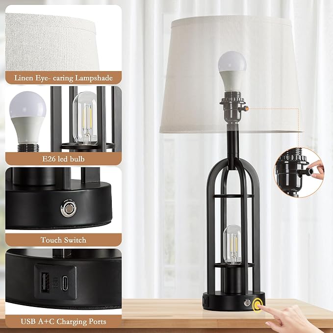 SRJJA 24" Table Lamps for Living Room Set of 2, Farmhouse Industrial 3-Way Dimmable Touch Bedside Lamps with USB A+C for Bedroom Nightstand，4 Bulbs Included - Image 6