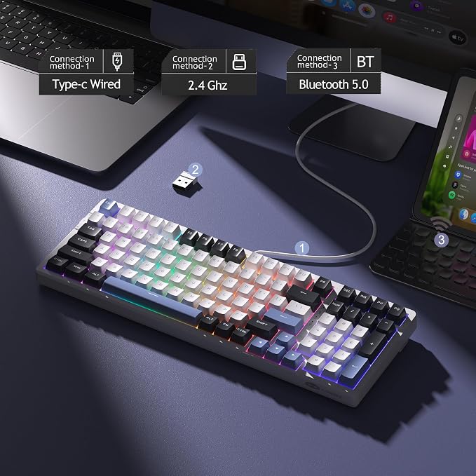 MageGee LIGHT100 Wireless Creamy Keyboard, Gasket Structure Hot Swappable, Tri-Mode 2.4G/USB-C/BT5.0 RGB Backlit Mechanical Gaming Keyboard for Win/Mac/PC, PBT Keycap, 4000mAh Battery, Blue - Image 2
