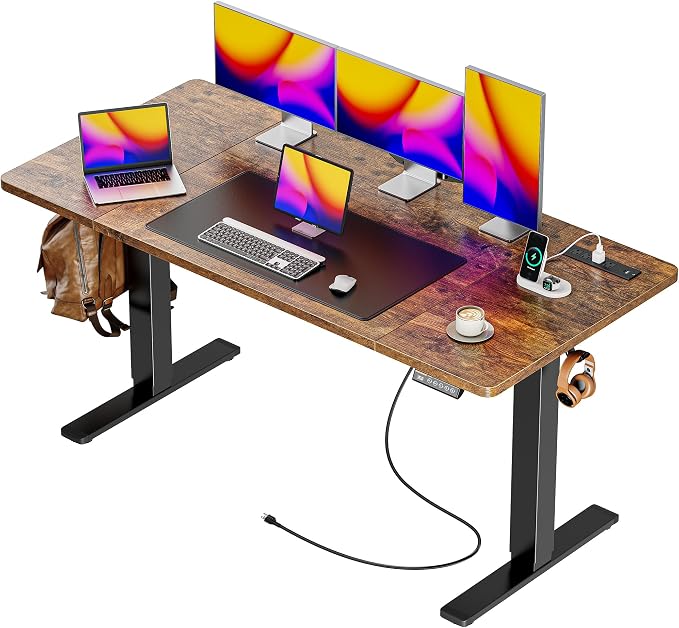 Huuger 55 x 28 Large Electric Standing Desk with 4 AC Outlets, Type-C Port, Height Adjustable Computer Desk, 27.6" Deep Desktop, Stand up Gaming Office Desk, 3 Preset Heights, Rustic Brown, ACD135Z by Huuger