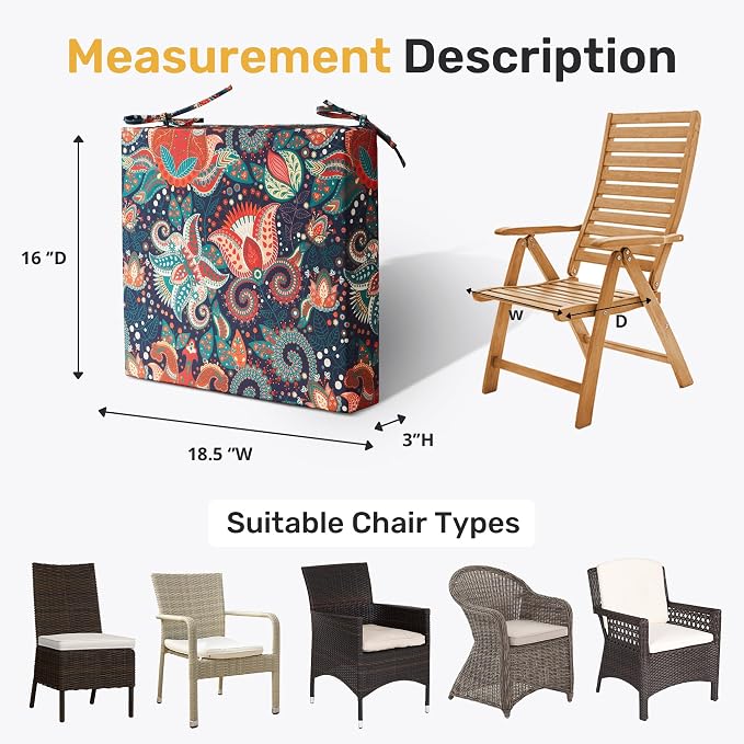 UNIKOME Outdoor Chair Cushions Pack of 4, Water Resistant Patio Cushions with Ties, High Density Sponge Filling Square Corner Seat Cushions for Outdoor Furniture, 18.5"*16"*3", Boho - Image 5