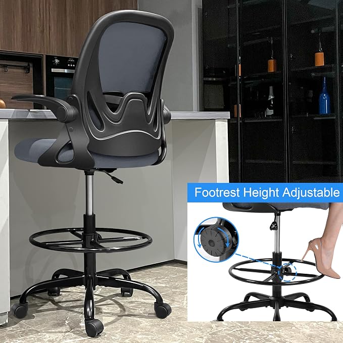 Drafting Chair Tall Office Chair with Flip-up Armrests Executive Ergonomic Computer Standing Desk Chair with Lumbar Support and Adjustable Footrest Ring（Dark Gray） - Image 5