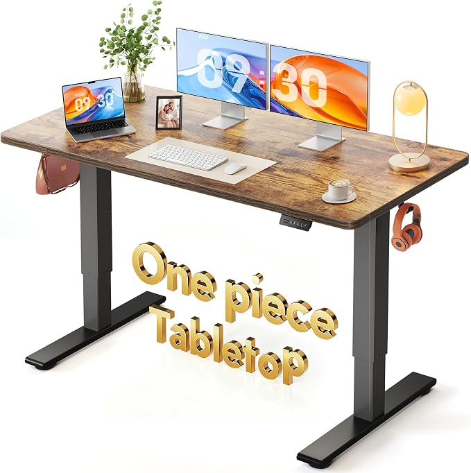 FEZIBO One-Piece Standing Desk, 55"x28" Seamless Tabletop Electric Height Adjustable for Home Office, Study Rooms & Multi-Device Workstations, Rustic Brown by FEZIBO