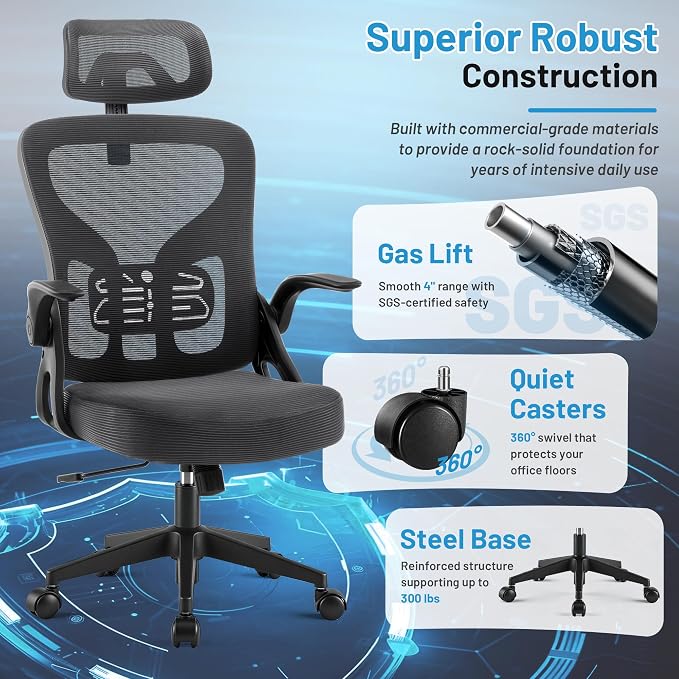 Office Chair Ergonomic Desk Chair with Adjustable Headrest Lumbar Support, High Back Breathable Mesh Chair with 120° Tilt & Flip-Up Armrests, Swivel Comfy Task Computer Chair for Work, Study - Image 6