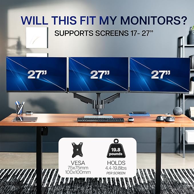 VIVO Triple Monitor Stand, Fully Adjustable Arms for 17 to 27 inch Screens, Mechanical Articulating Desk Mount, Gaming and Office Setups, VESA 75x75, 100x100, Max 19.8 lbs, Classic, Black, STAND-V003O - Image 6