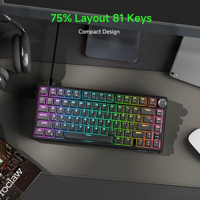RK ROYAL KLUDGE R75 Wired Mechanical Gaming Keyboard, 75% Hot-Swap Mechanical Keyboard Volume Knob, Soft Pre-lubed Tactile Brown Switch - Image 2