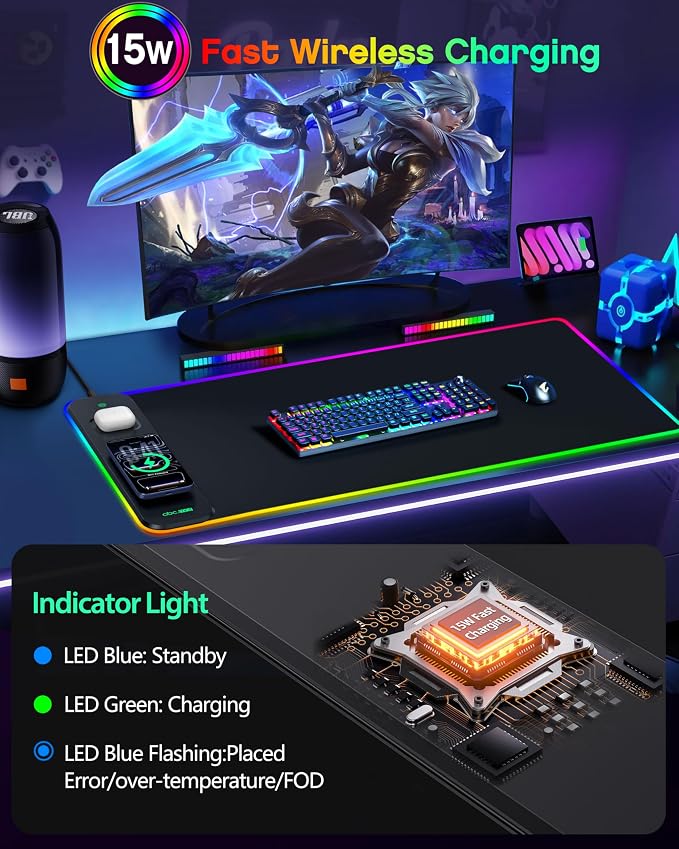 Magnetic Wireless Charging Mouse Pad Gaming, 31.5"x15.8" Large Desk Mat | RGB Mousepad, Smooth Glide, Stitched Edge, Non-Slip Rubber Base, Desk Pad Computer Keyboard Mat, No Adapter - Image 3