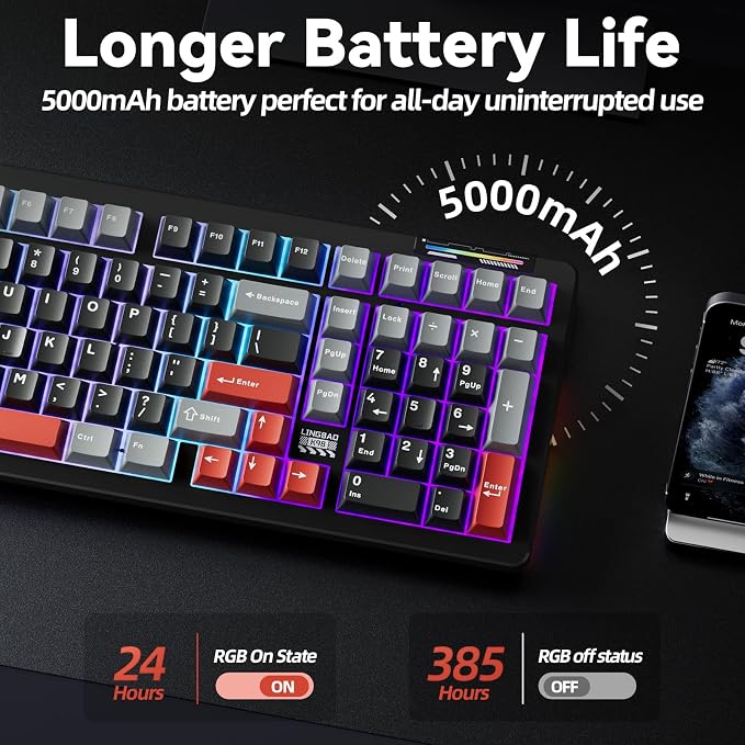 LINGBAO K98 Wireless Mechanical Gaming Keyboard, Tri-Mode Gasket Hot Swap | Linear Switches Creamy Keyboard with Number Pad,96% Layout RGB Backlit Mechanical Keyboard for PC Laptop, Custom Software - Image 4
