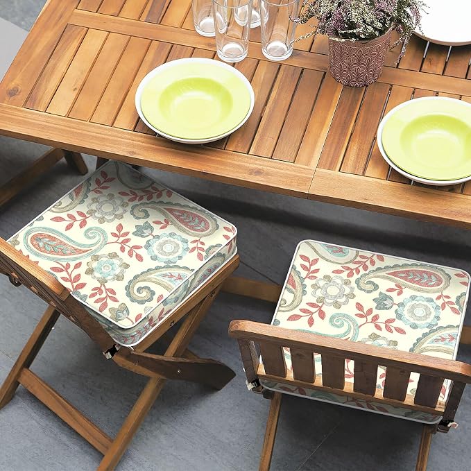 Outdoor Seat Cushions 19 x 19 x 3 Inch, Water Repellent Patio Chair Foam Cushions with Straps, Outdoor Cushions for Patio Furniture Garden Sofa, Set of 2, Paisley Vintage - Image 4